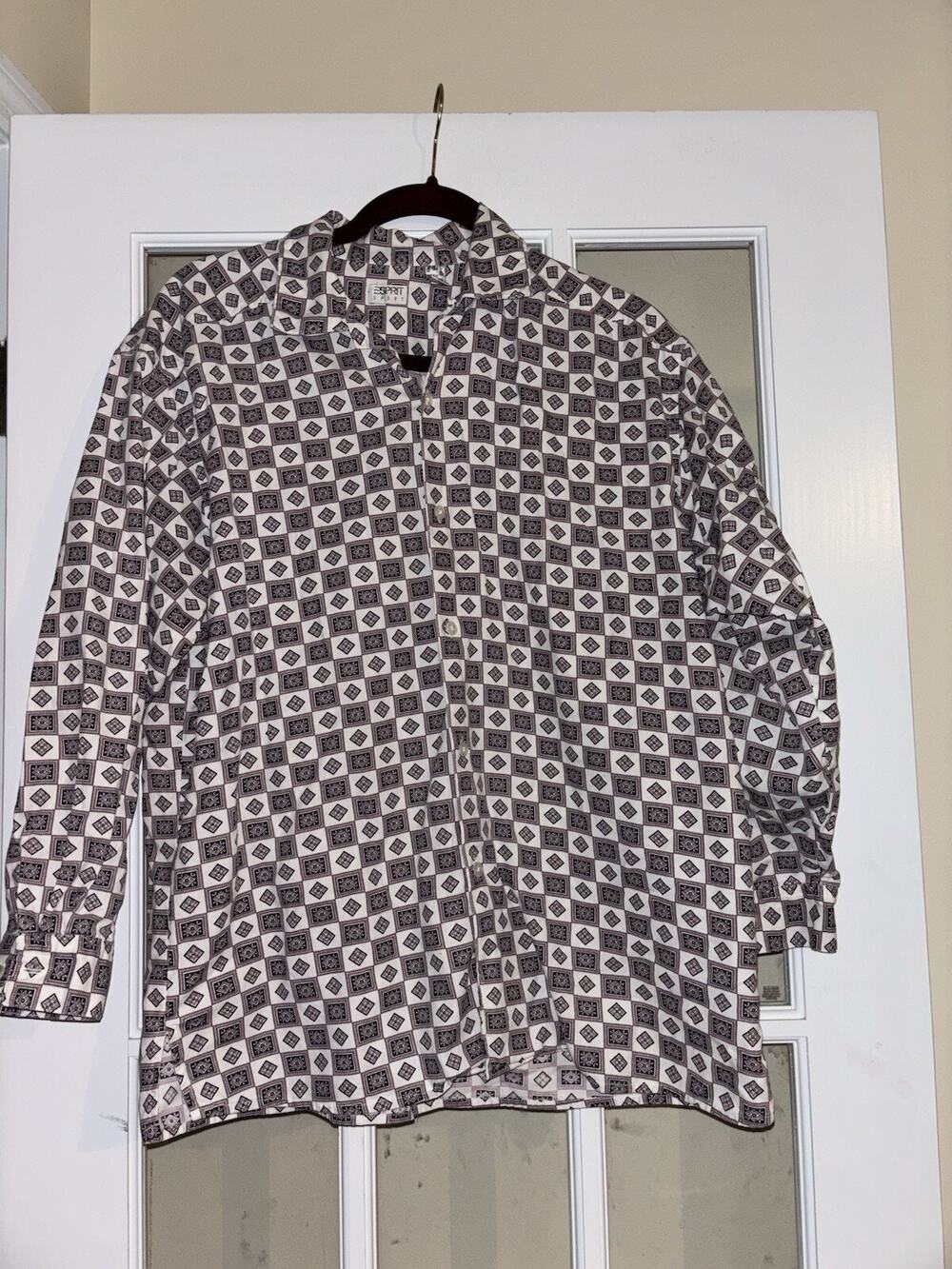 Esprit VINTAGE 80s patterned shirt men’s button down 3/4 sleeve geometric SM